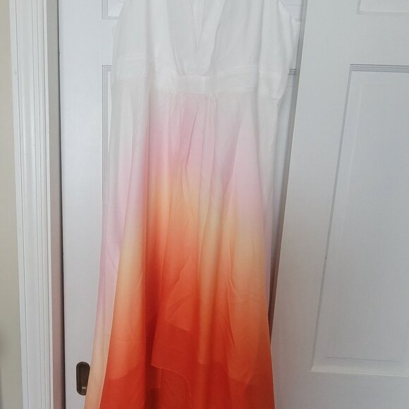 Xpluswear Design Plus Size Wedding Guest Orange V Neck High Low Hem Chiffon Midi - Picture 4 of 6